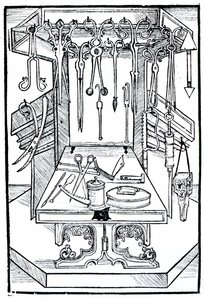 Stół operacyjny i narzędzia chirurgiczne, z „Das Buch der Cirugia”, opublikowane w Strasburgu, 1497